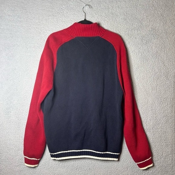 Tommy Hilfiger Sweater Mens‎ Large Blue Red Embroidered Spell Out Full Zip VTG - Picture 3 of 13